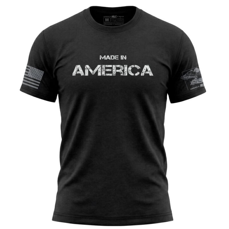 Black "Made in America" T-shirt with American flag and patriotic design.