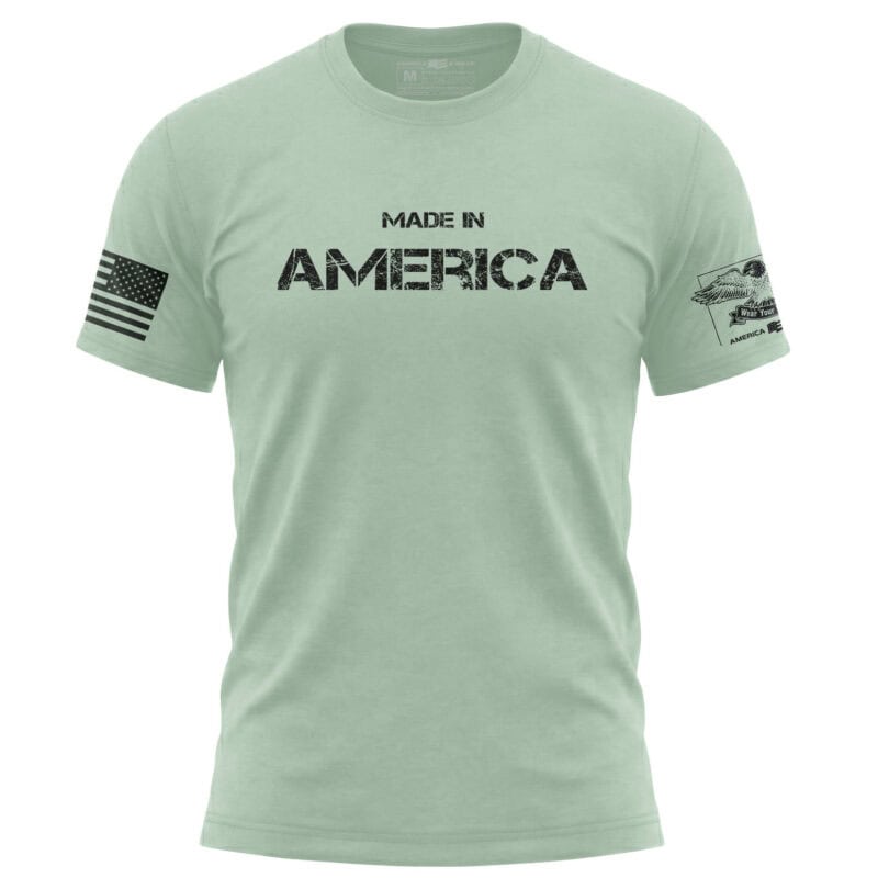 Made in America T-Shirt with patriotic flags and bold text.