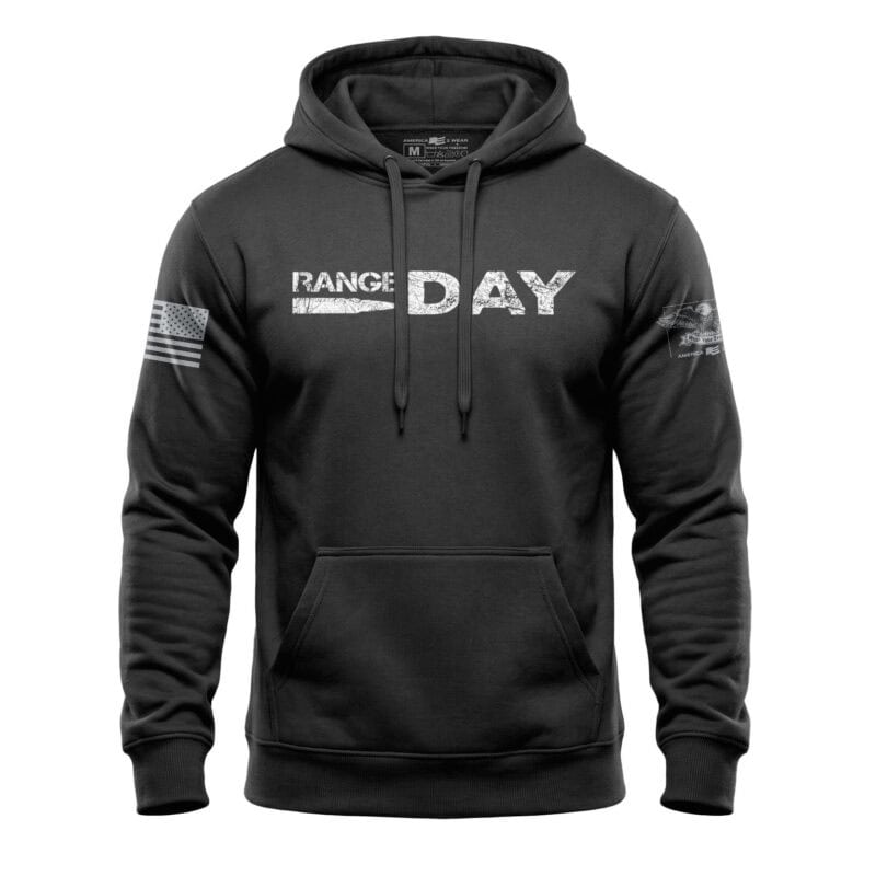 Black tactical hoodie with "Range Day" print and American flag patches, ideal for cold weather shoot.