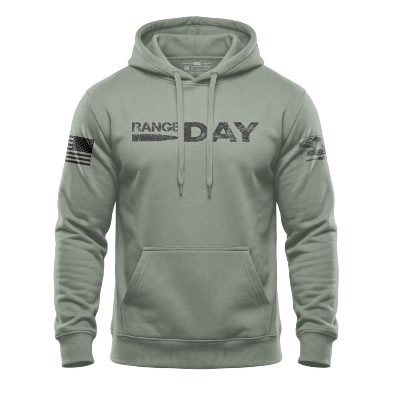 Men's tactical hoodie with "Range Day" print, ideal for cold weather outdoor shooting activities.