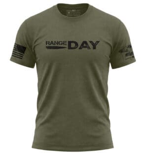 Olive green Range Day T-shirt with tactical shooting design and American flag patch.