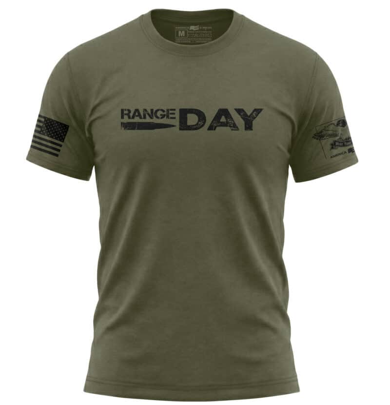 Range Day T-Shirt Olive green Range Day T-shirt with tactical shooting design and American flag patch.