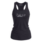 Freedom Wife women's tank top with script text and feather graphic, representing independence and st.
