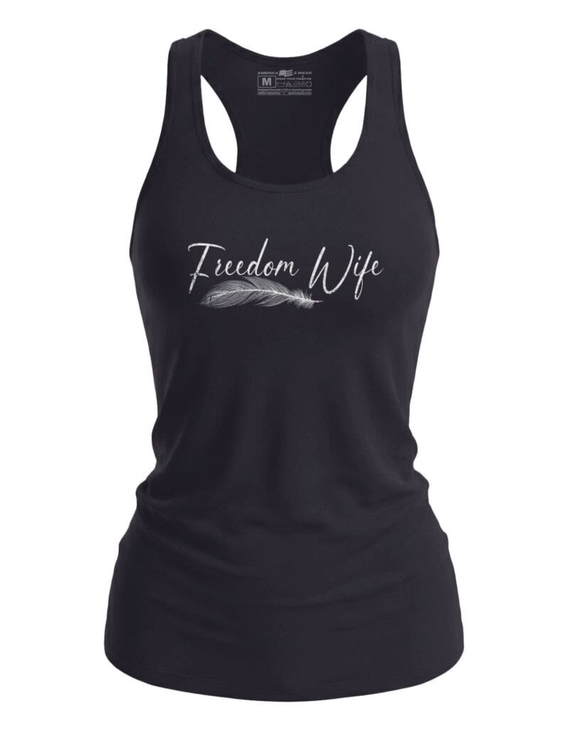 Freedom Wife Women's Tank Top - Script & Feather Graphic Women's tank top with "Freedom Wife" text and feather graphic, patriotic and stylish.