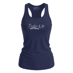 Women's navy tank top with "Freedom Wife" script and feather graphic design.