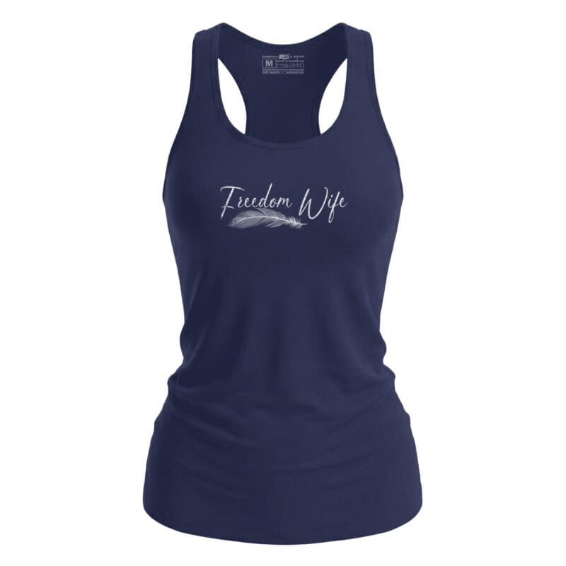 Freedom Wife Women's Tank Top - Printed Script & Feather Graphic Women's navy tank top with "Freedom Wife" script and feather graphic design.