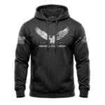 Bold eagle graphic hoodie with "Freedom Ain't Cheap" text, patriotic flags on sleeves, and comfortab.