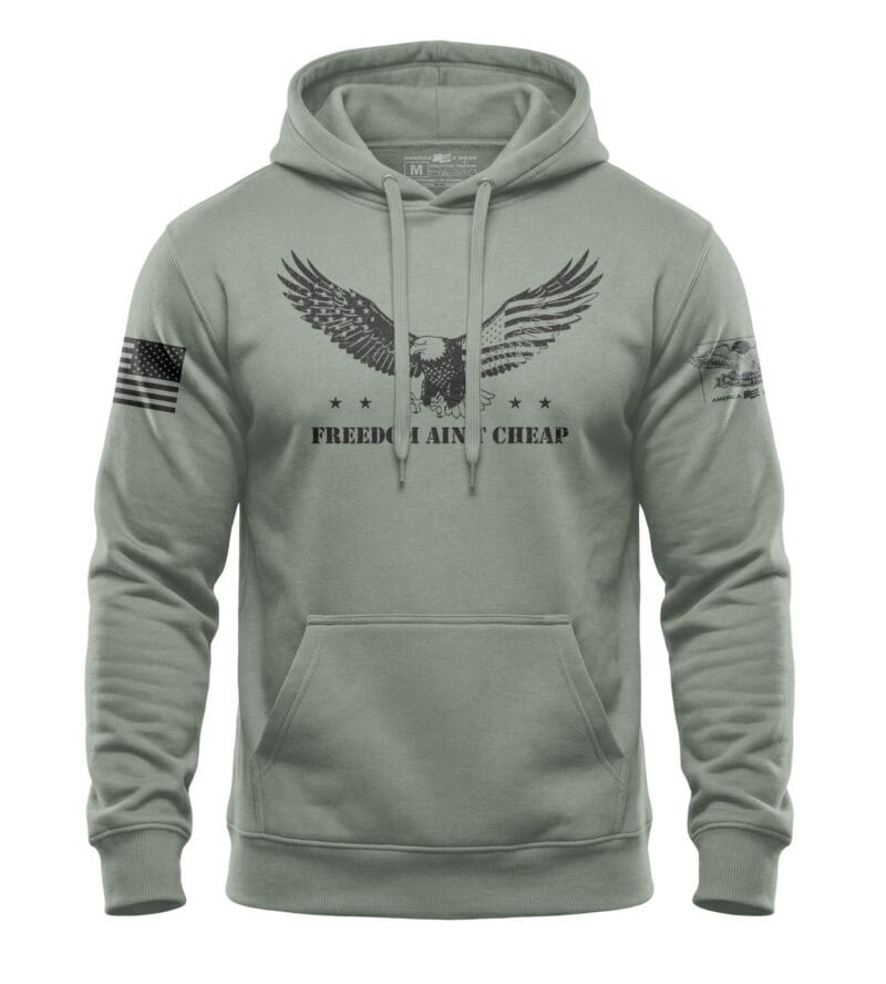 Patriotic hoodie featuring a majestic eagle and "Freedom Ain't Cheap" slogan, perfect for American p.