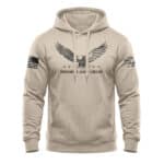 Eagle hoodie with "Freedom Ain't Cheap" print, patriotic American flag patch on sleeve, and bold eag.