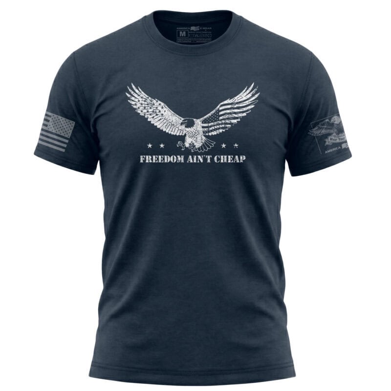 Bold eagle graphic T-shirt with "FREEDOM AIN'T CHEAP" slogan for patriotic style.