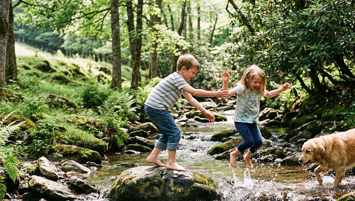 Kids having fun crossing a creek in the countryside, capturing the joy of family and freedom outdoors