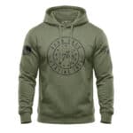 Patriotic 1776 hoodie with distressed design in military green, perfect for American pride.