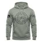 1776 Born Free Staying Free hoodie with distressed circular 13-star patriotic front graphic