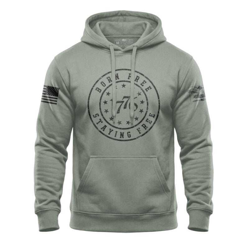 1776 Born Free Staying Free hoodie with distressed circular 13-star patriotic front graphic