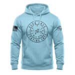 Patriotic sky blue hoodie with "Born Free 1776" design, distressed style, perfect for American pride.