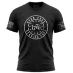 Patriotic 1776 Born Free Staying Free T-Shirt in distressed black design.