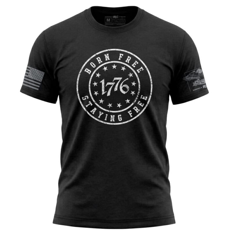 Patriotic 1776 Born Free Staying Free T-Shirt in distressed black design.