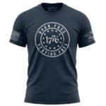 1776 Born Free Staying Free patriotic t-shirt with distressed circular 13-star graphic on front chest