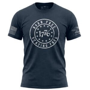 1776 Born Free Staying Free patriotic t-shirt with distressed circular 13-star graphic on front chest