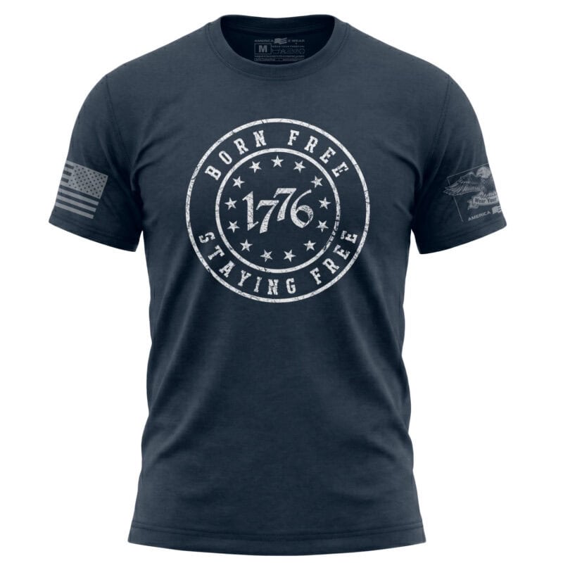 1776 Born Free Staying Free patriotic t-shirt with distressed circular 13-star graphic on front chest