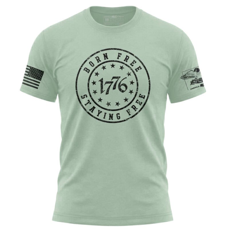 Patriotic 1776 Born Free Staying Free T-Shirt in Mint Green.