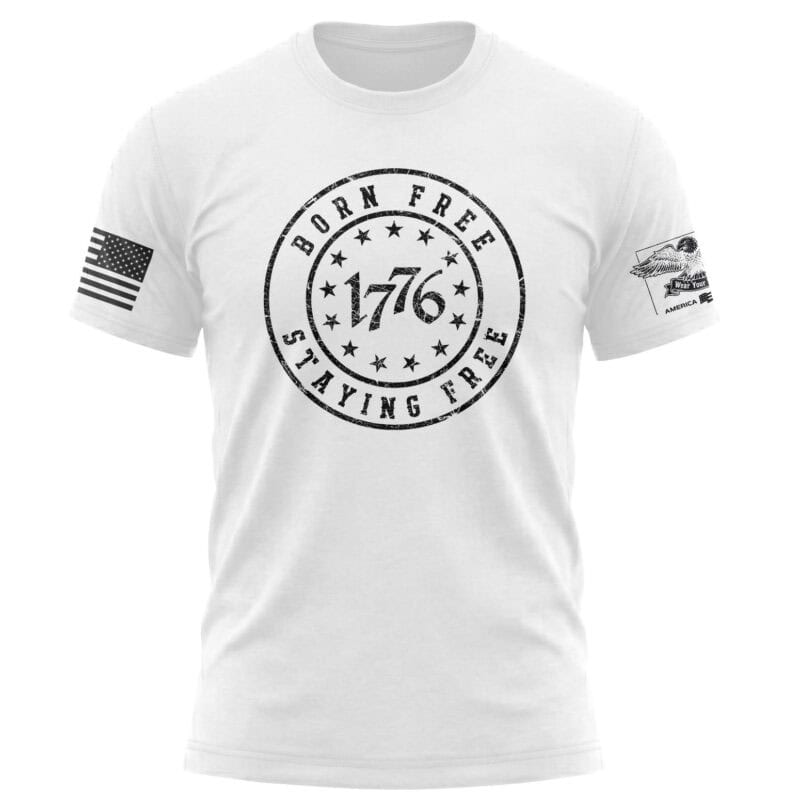 Patriotic 1776 Born Free Staying Free T-shirt with distressed design, perfect for American history e.