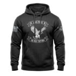 Eagle graphic hoodie with "Live Free or Die Trying" slogan, distressed design, black color, perfect.