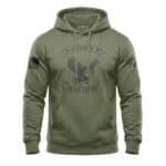 Patriotic distressed eagle hoodie featuring "Live Free or Die Trying" slogan in military green, perf.