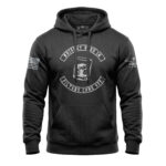 Black distressed hoodie with whiskey glass graphic and "Whiskey Goes In, Filters Come Off" text.