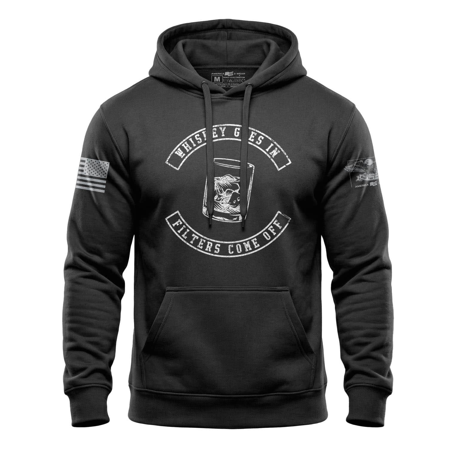 Black distressed hoodie with whiskey glass graphic and "Whiskey Goes In, Filters Come Off" text.
