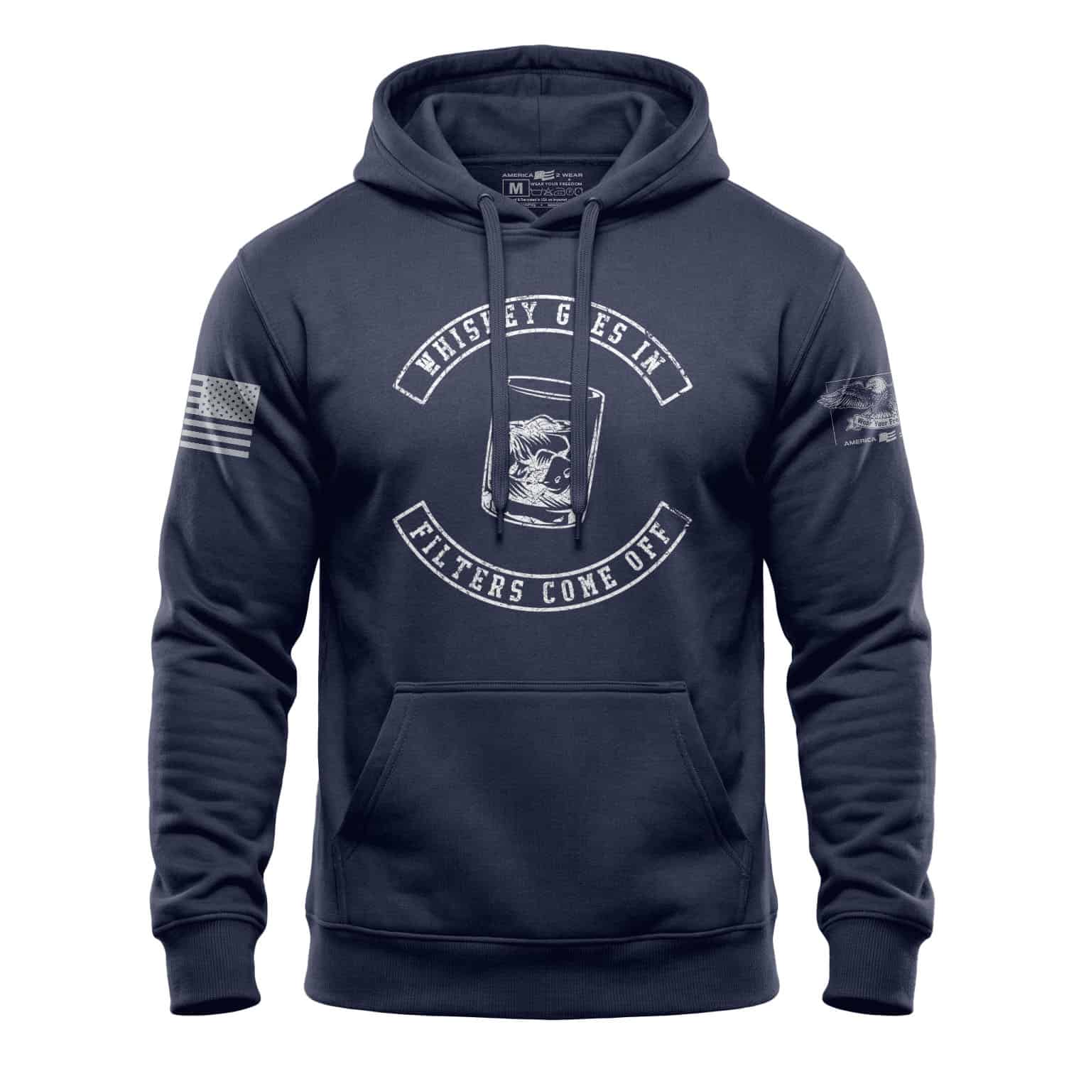 Comfortable navy hoodie with whiskey-themed design and distressed fleece. Perfect for casual wear an.