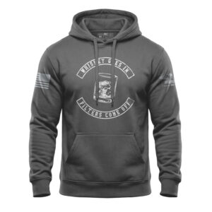 Whiskey Goes In Filters Come Off hoodie with distressed whiskey glass and banner graphic