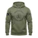 Military green hoodie with whiskey-themed graphic and distressed design, perfect for casual wear.