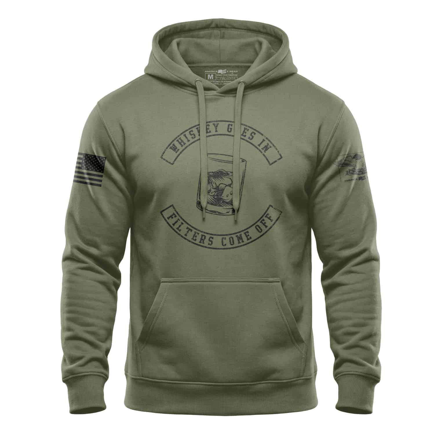 Military green hoodie with whiskey-themed graphic and distressed design, perfect for casual wear.