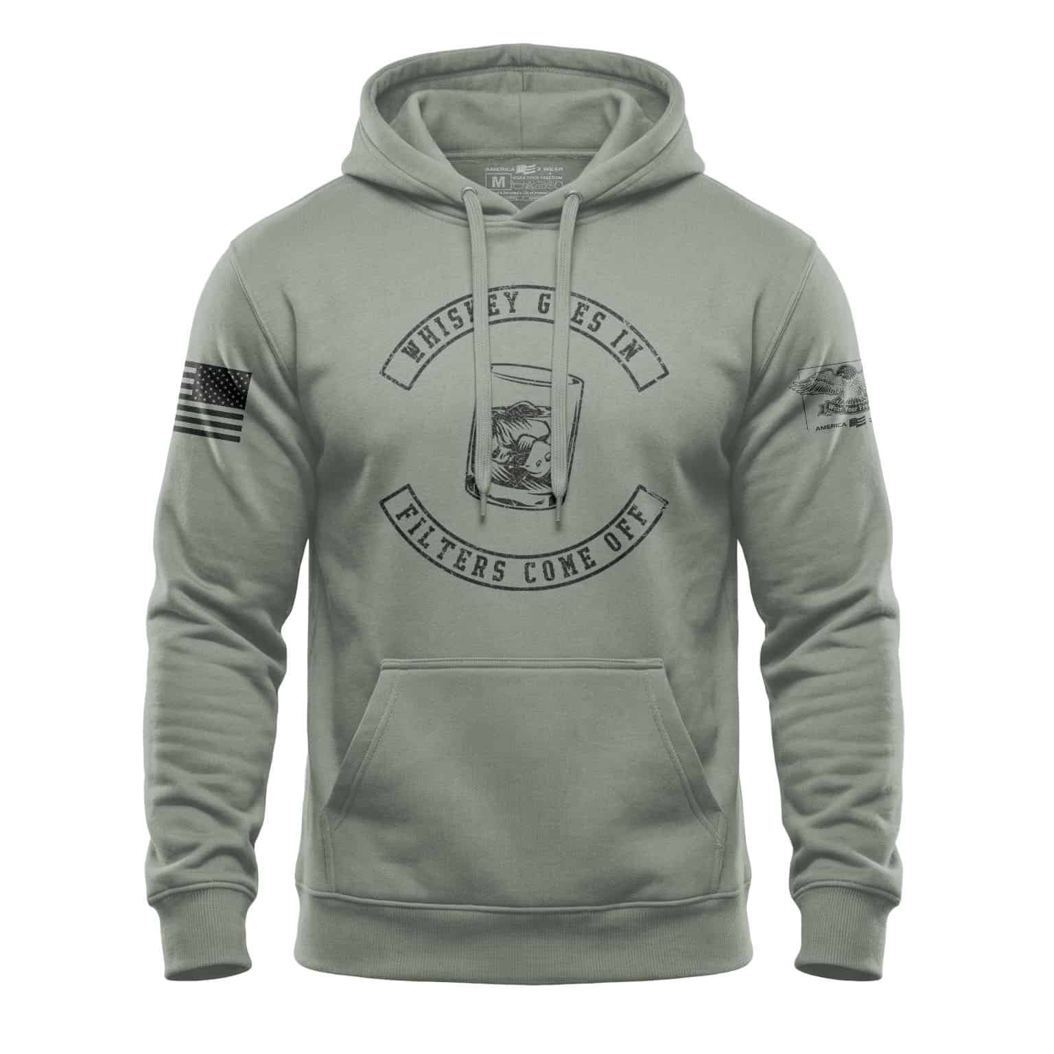 Distressed sage hoodie with whiskey-themed design and American flag accents.