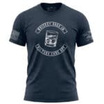 Whiskey Goes In Filters Come Off T-Shirt in Navy, Small. Distressed whiskey graphic on a casual men'.