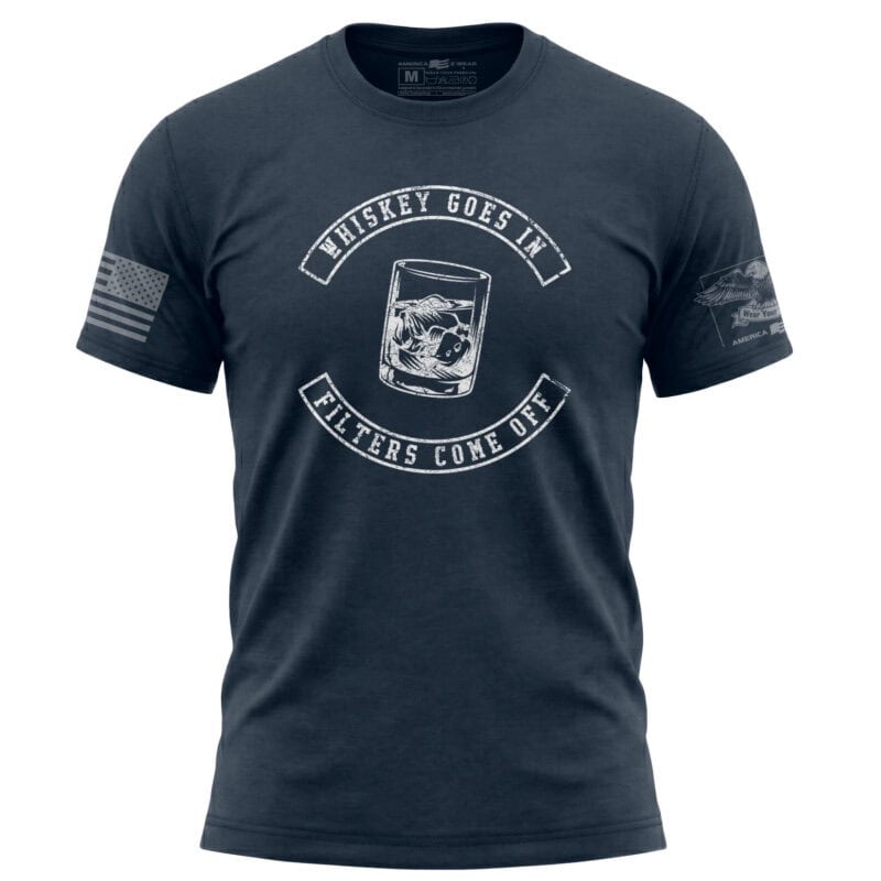 Whiskey Goes In Filters Come Off T-Shirt in Navy, Small. Distressed whiskey graphic on a casual men'.