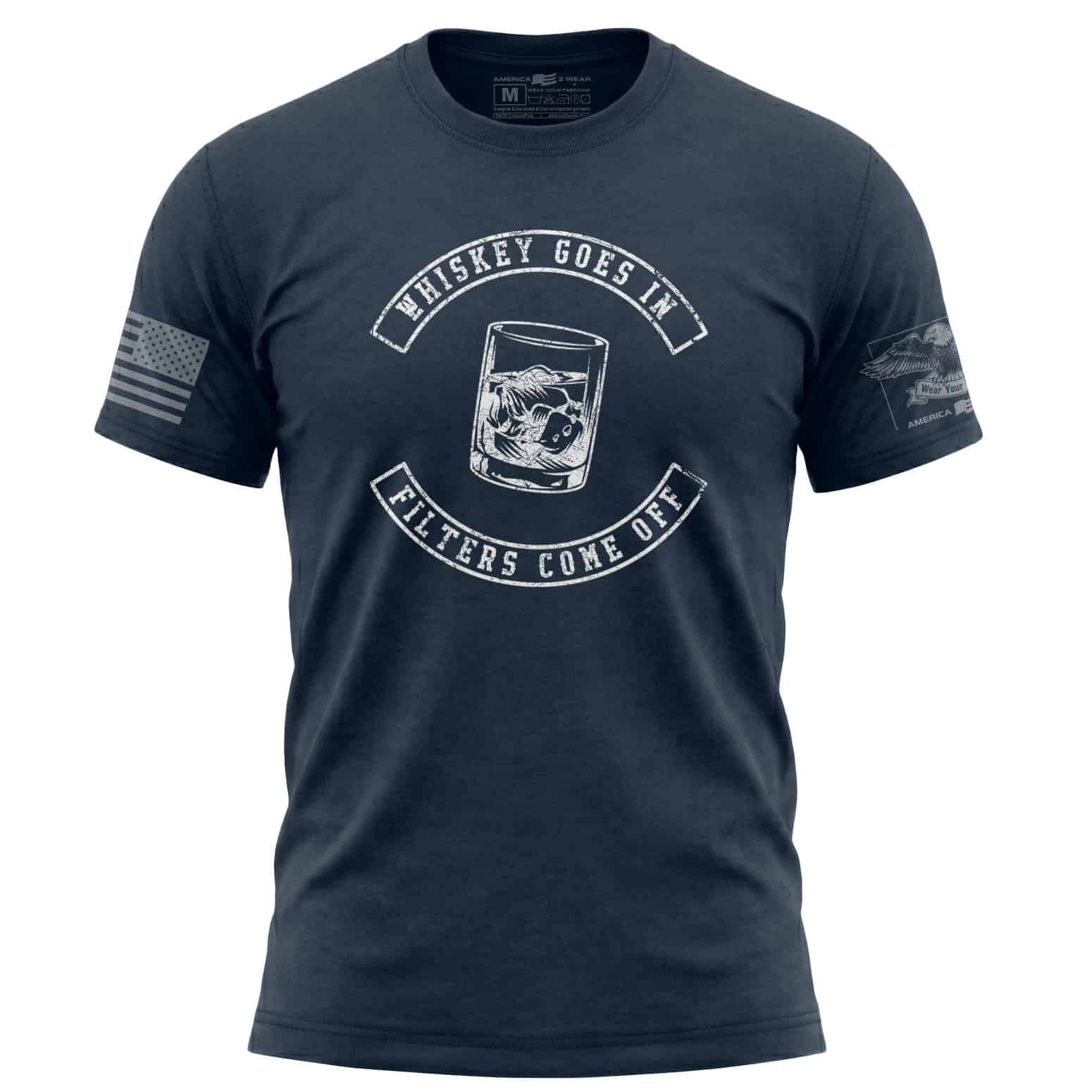 Whiskey Goes In Filters Come Off T-Shirt in Navy, Small. Distressed whiskey graphic on a casual men'.