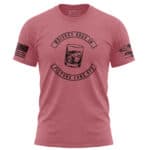Distressed whiskey-themed t-shirt with humorous slogan and American flag patch.
