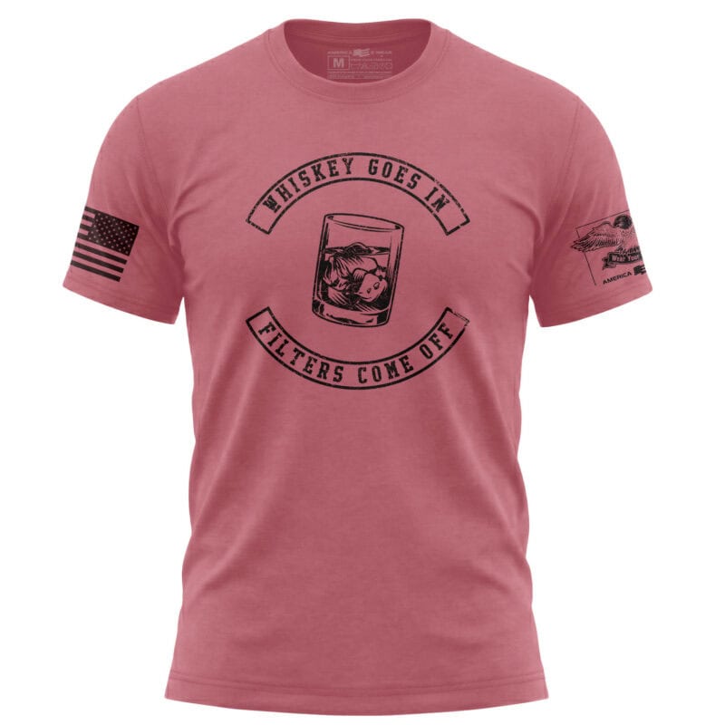 Distressed whiskey-themed t-shirt with humorous slogan and American flag patch.