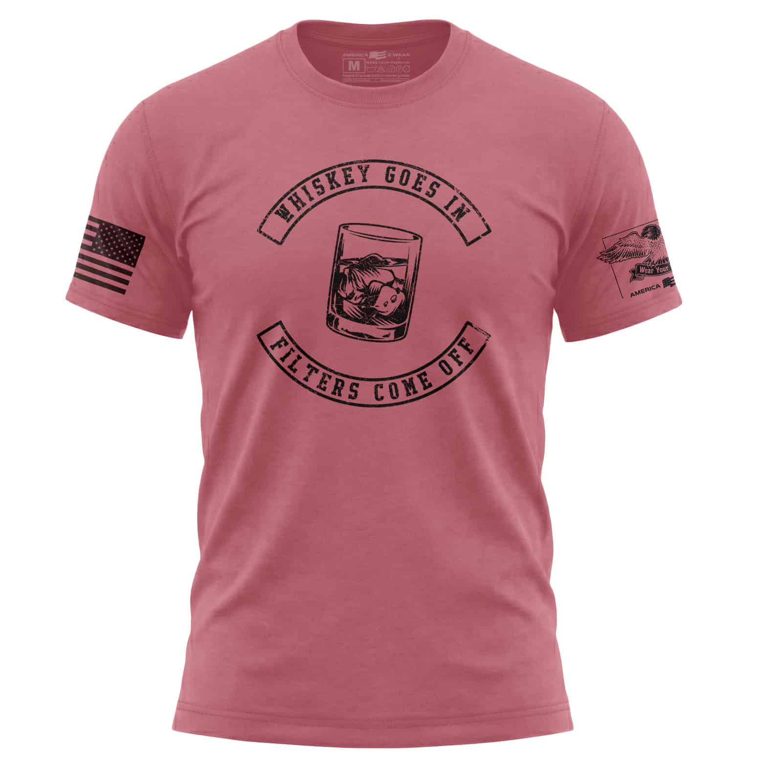 Distressed whiskey-themed t-shirt with humorous slogan and American flag patch.