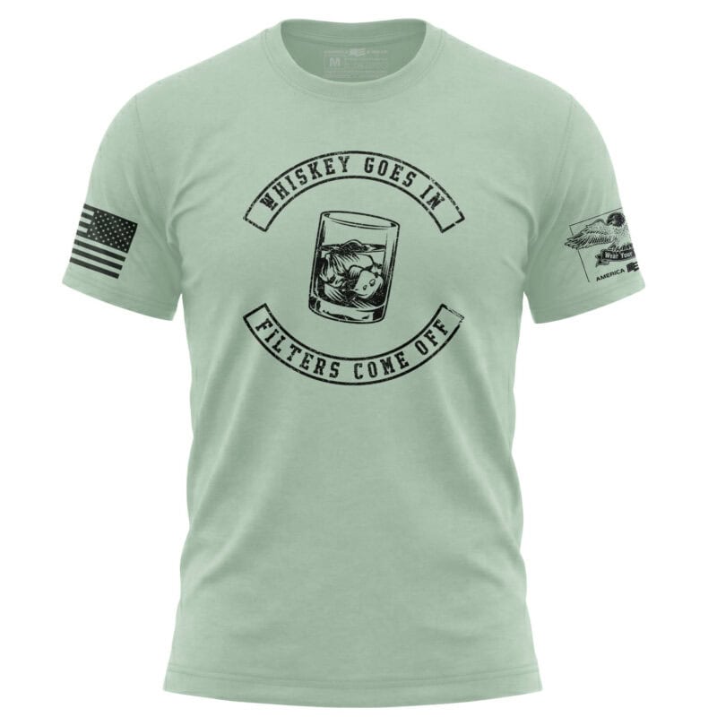 Distressed mint T-shirt with whiskey glass graphic and humorous text.