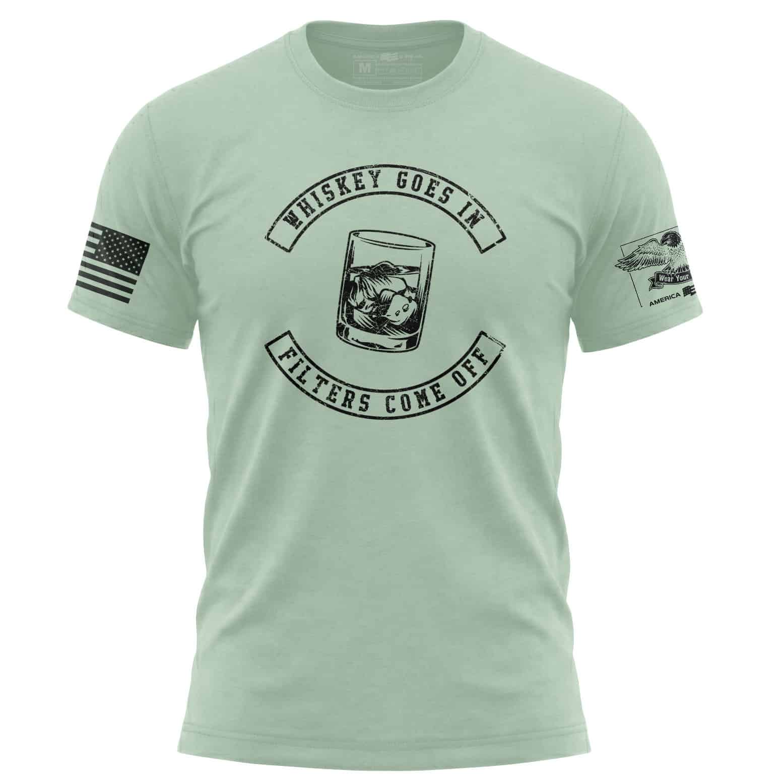 Distressed mint T-shirt with whiskey glass graphic and humorous text.