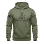 Military green hoodie with patriotic snake and bottle graphic, "Whiskey Won't Tread On Me" slogan.
