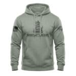 Sage hoodie with patriotic snake and bottle graphic, "Whiskey Won't Tread On Me" slogan, small size.