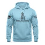 Patriotic hoodie featuring a snake and bottle with the slogan "Whiskey Won't Tread On Me" in sky blu.