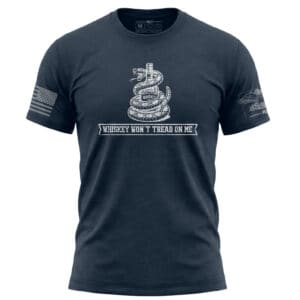 Whiskey Won't Tread On Me patriotic t-shirt with snake wrapped around whiskey bottle graphic