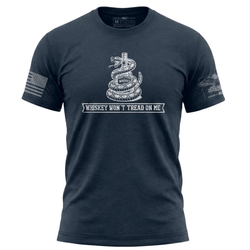 Whiskey Won't Tread On Me patriotic t-shirt with snake wrapped around whiskey bottle graphic