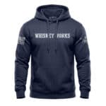 Hooded sweatshirt with "Whiskey Works" text, navy color, distressed bold lettering, perfect for casu.
