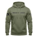 Whiskey Works hoodie with distressed bold lettering across the front chest